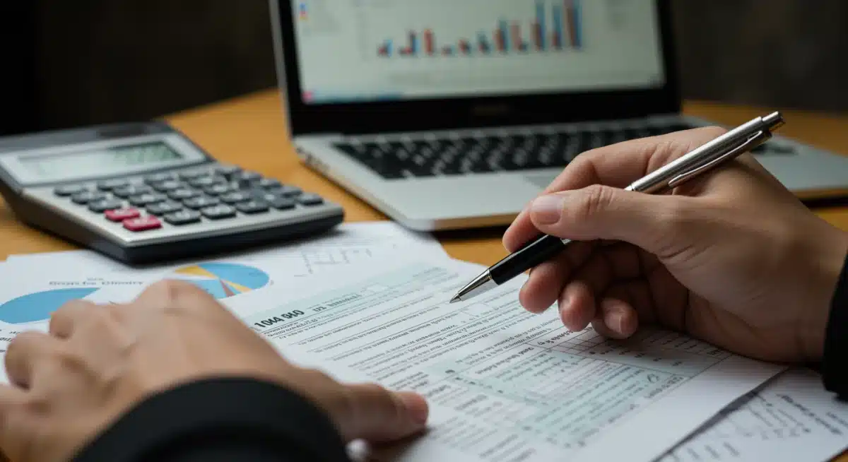 Hand calculating tax forms, symbolizing detailed financial impact analysis.