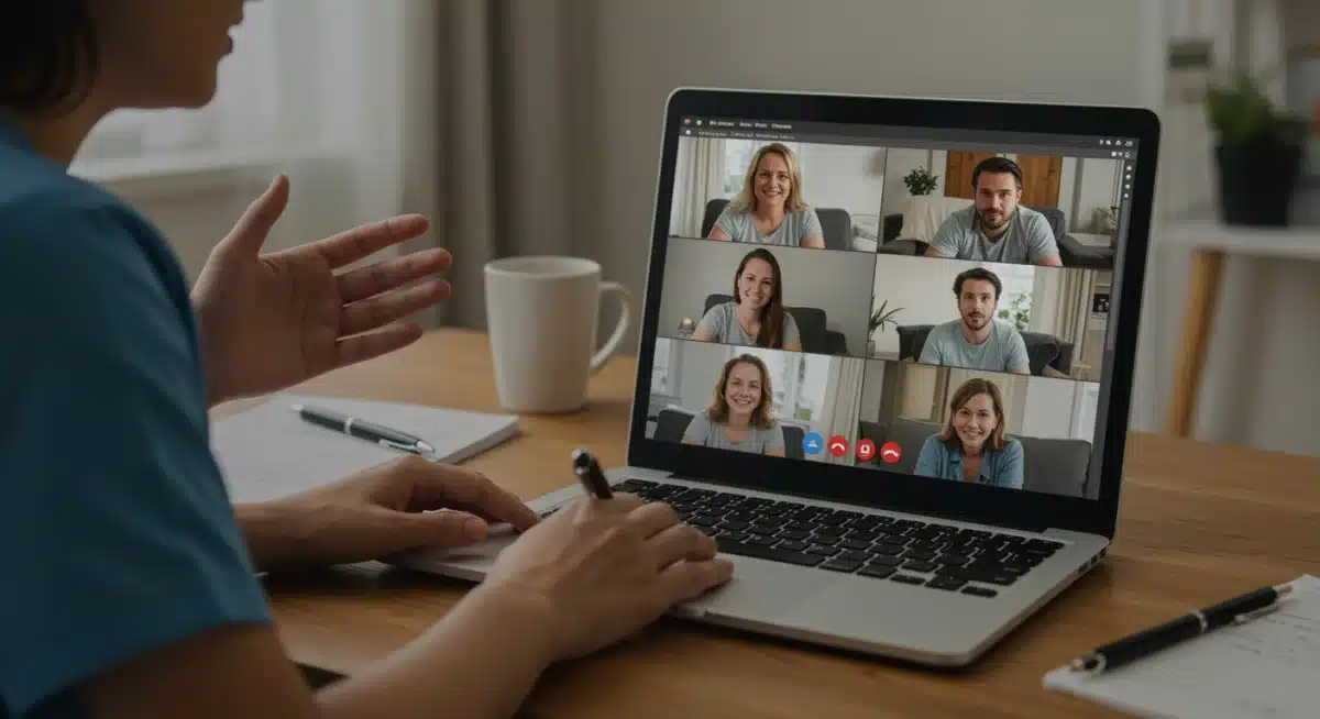 Therapist conducting virtual family therapy session on laptop