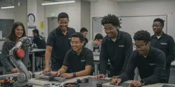 High school graduates in a modern vocational training workshop with advanced technology