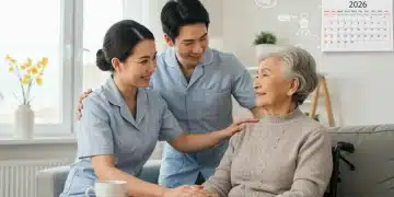 Family caregiver assisting elderly relative, showing support and care