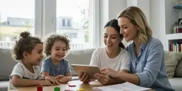 Family researching childcare subsidies on a tablet, symbolizing financial planning for children's care.