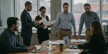 Employees at a modern workplace discussing new federal family leave policies.