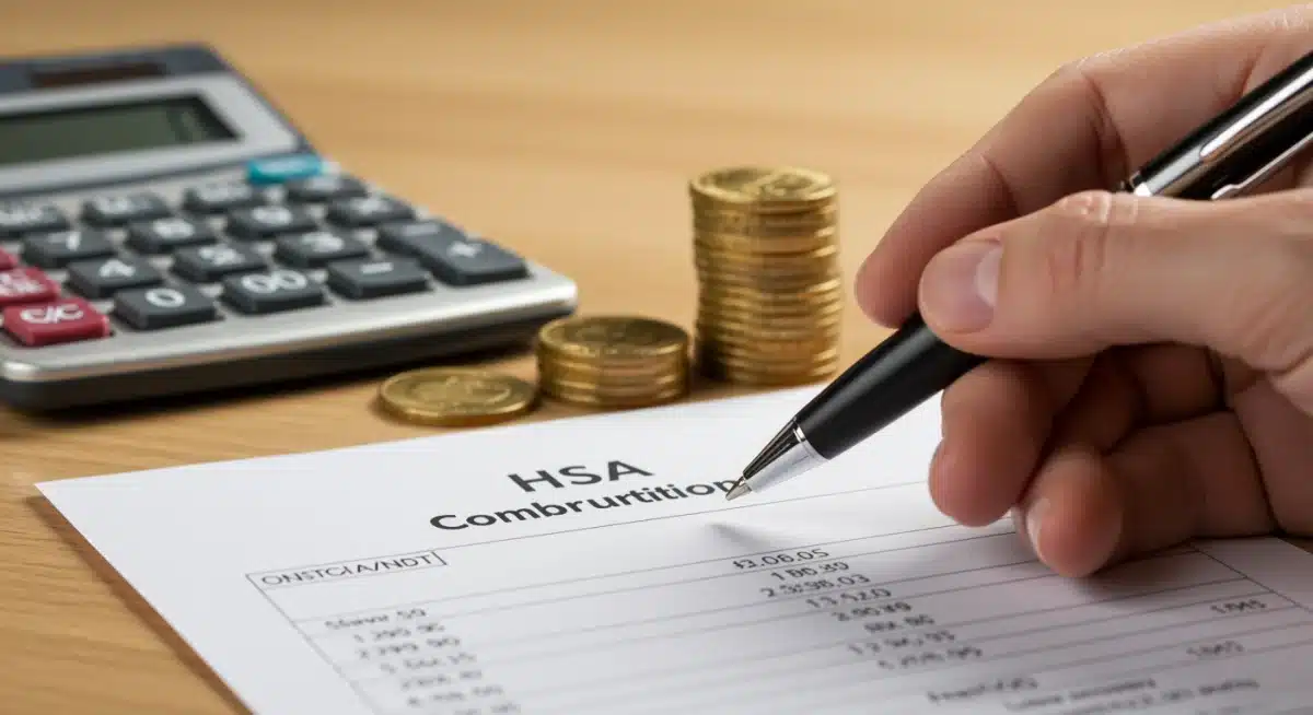 Hand calculating HSA contributions with pen and calculator
