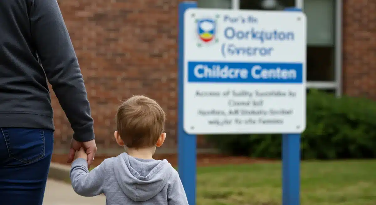 Parent and child entering a childcare center, representing accessible and affordable early education.